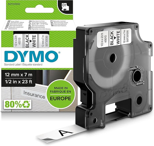 DYMO TAPE 12MMX7M WHITE D1 Black On White