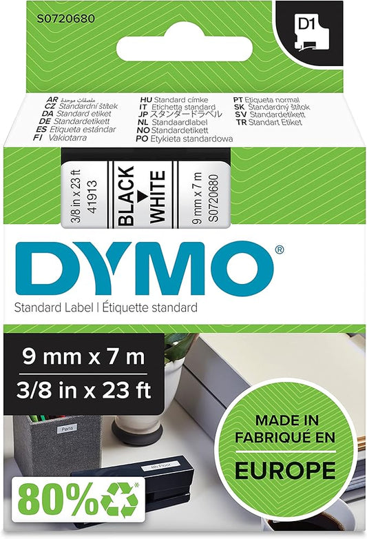Dymo Tape 9mmx7M White D1 Standard Labelling Tape 9Mm X 7M Black On White